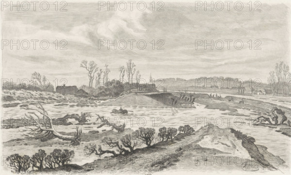 Flooded landscape, no. 21, print, Series number, 21, Flooded river landscape with uprooted trees.