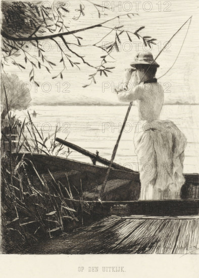 On the Lookout, Woman on the lookout, print, A woman stands in a rowboat with a fishing rod over