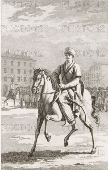 Mamluk on horseback, print, Turkish rider, soldiers behind him. In 1798, Napoleon invaded Egypt and