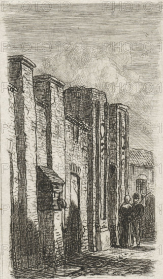 Wall in Culemborg, print, A man and a woman stand by a wall, possibly a city wall, with