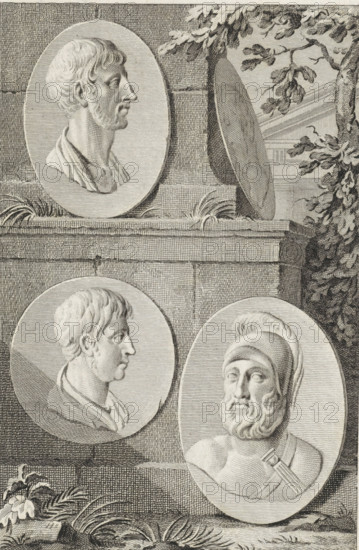 Medallions with portraits of Pericles, Fabius Maximus, Alcibiades, and Coriolanus, print,