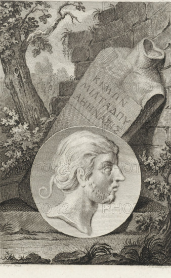 Medallion with the portrait of the Athenian statesman Cimon, print, printmaker: Reinier Vinkeles