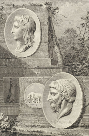 Medallions with portraits of Theseus and Romulus, print, Medallions with portraits of the Athenian
