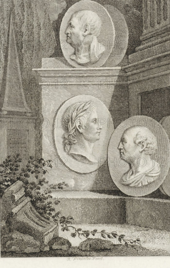 Medallions with portraits of Phocion, Tiberius and Gaius Sempronius Gracchus, print, Medallions