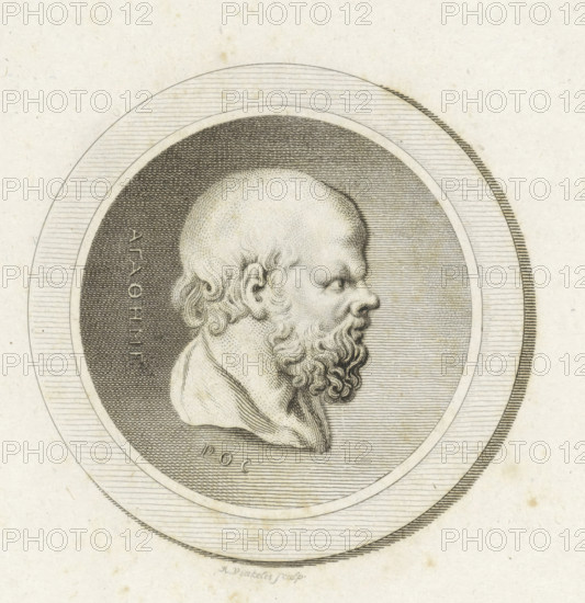 Medallion with the portrait of the philosopher Socrates, print, printmaker: Reinier Vinkeles (I),