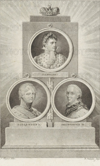 Monument with portraits of Napoleon I Bonaparte, Tsar Alexander I and Francis II, print, Three