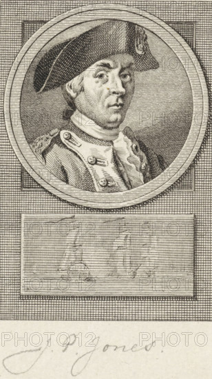 Portrait of John Paul Jones, print, Portrait of the American privateer John Paul Jones. Below the