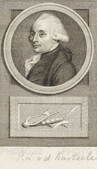 Portrait of Pieter Leonard van de Kasteele, print, representative, lawyer and poet. Below the