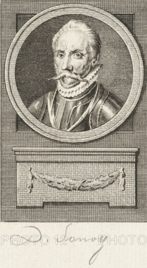 Portrait of Diederik van Sonoy, print, governor of the Northern Quarter, where he fought against