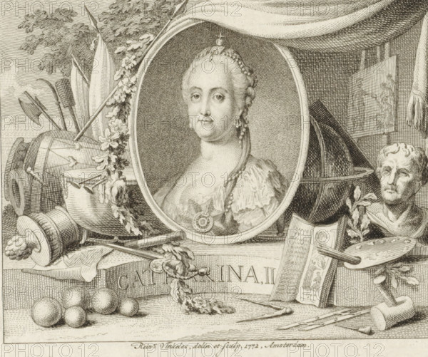 Portrait of Catherine the Great, surrounded by attributes, print, with on the right attributes