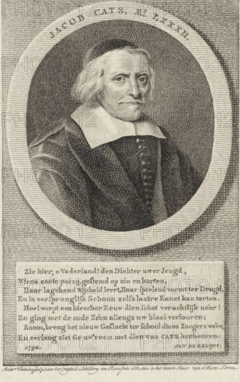Portrait of Jacob Cats, print, Portrait of the statesman and poet Jacob Cats at the age of 82.,