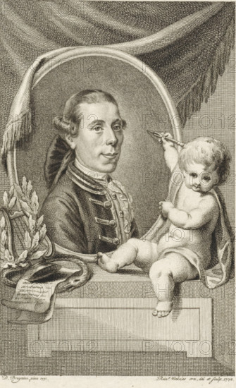 Portrait of Joannes Nomsz, print, writer, poet and playwright. Next to the portrait and putto with