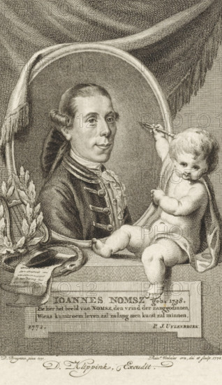 Portrait of Joannes Nomsz, print, writer, poet and playwright. Next to the portrait and putto with