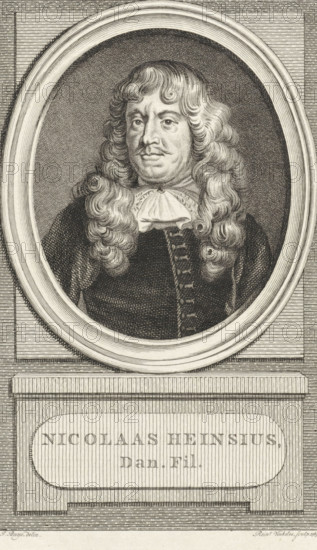 Portrait of Nicolaas Heinsius, print, book illustration, philologist and poet. Top right: XX Vol.