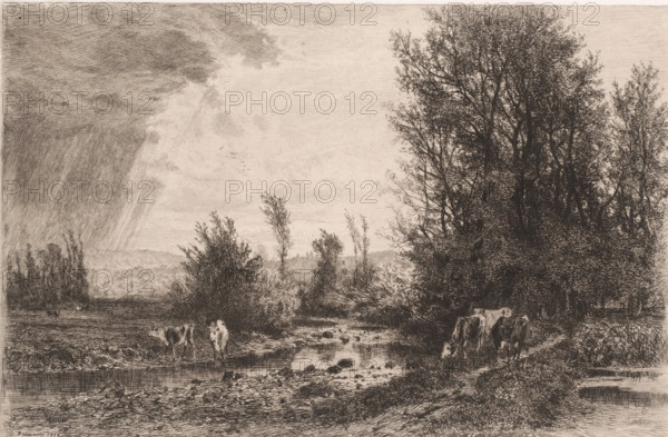 Landscape with cows along a brook, print, printmaker: Alfred Alexandre Delauney, France, 1872,
