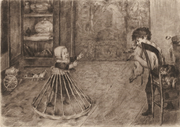 Playing children of the artist, print, In an interior, the artist's daughter takes her first steps.