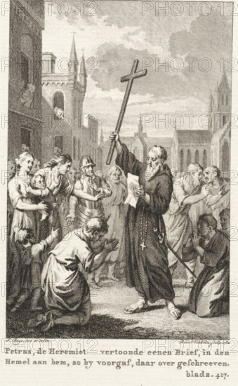 Peter of Amiens with letter and crucifix amidst a crowd, Peter the Hermit, print, book