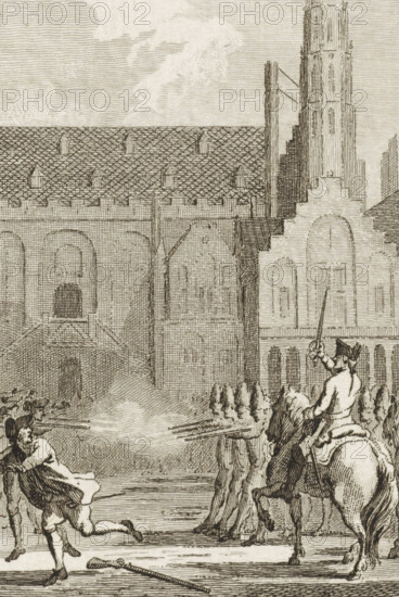 Militia fires on the rioters in Haarlem, 1750, print, historical print, Militia opens fire on the