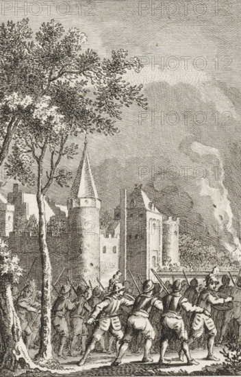 The castle at Muiden besieged by the Gelders, 1508, print, historical print, Muiderslot besieged by
