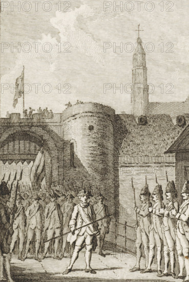 Exodus of the garrison from Maastricht, 1748, print, historical print, The exodus with full
