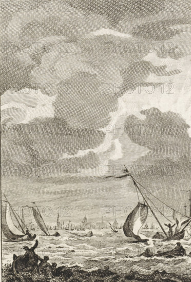 Severe storm on the IJ, July 13, 1788, print, Storm on the IJ on July 13, 1788. Boats in distress