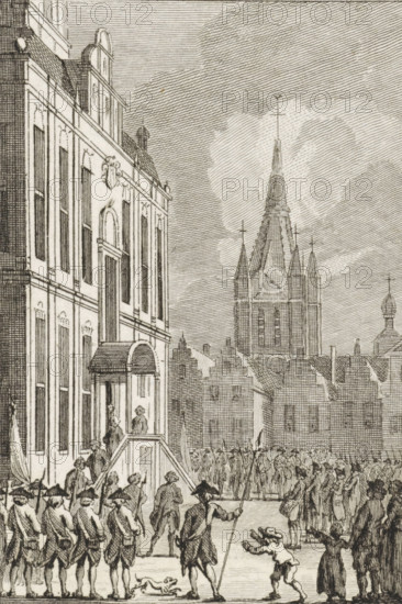 Remotion in Delft, 1787, print, historical print, View of the town hall in Delft occupied by