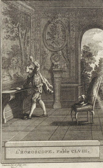 Horoscope, L'Horoscope. Fable CLVIII., print, A young man clenches his fist at the painting of a