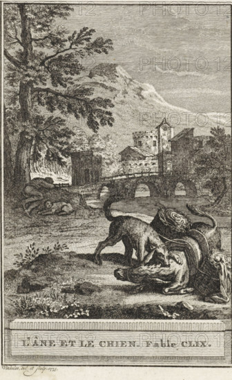 The Donkey and the Dog. Fable CLIX, The Dog and the Donkey, print, A dog bites a donkey in the neck