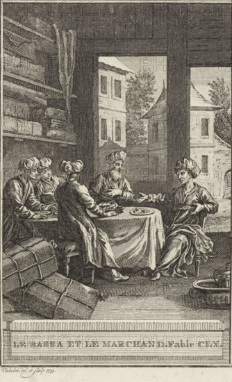 Le Bassa et le Marchand, The merchant and his guard, print, A few men are having a meal together.