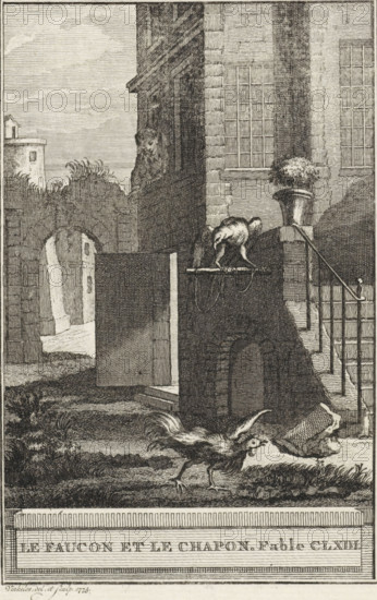 Le Faucon et le Chapon. Fable CLXIII, The falcon and the circumcised rooster, print, A falcon on a