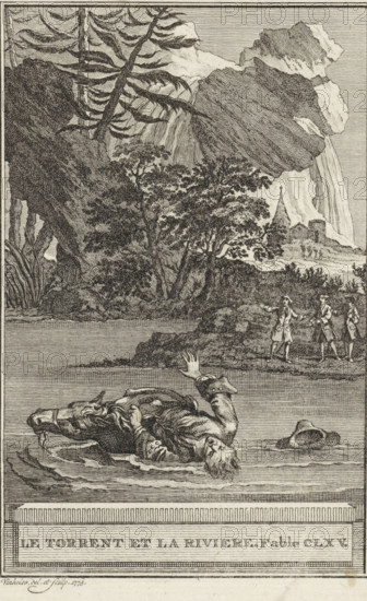 Still waters run deep, Le Torrent et la Riviere. Fable CLVV., print, A man and his horse are in