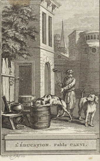 Education. Fable CLXVI., Education, print, Man and two dogs in a courtyard. The man seems to want