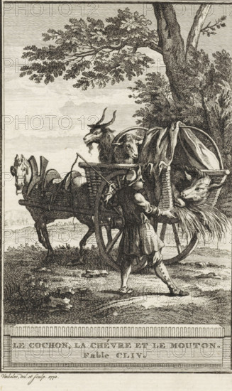 A goat, a sheep and a pig, Le Cochon, la Chèvre et le Mouton. Fable CLIV., print, a sheep and a pig