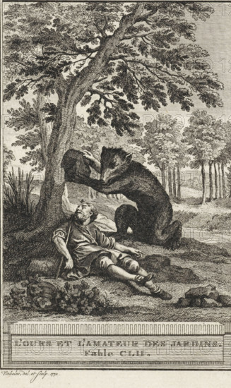 The Bear and the Gardener, L'Ours et L'Amateur des jardins. Fable CLII., print, A bear is about to