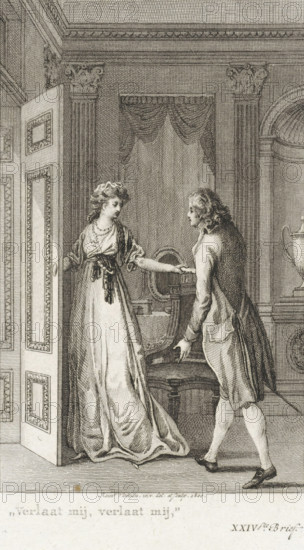 Woman holds the door open for a man, print, In a room, a woman holds the door open for a man. She