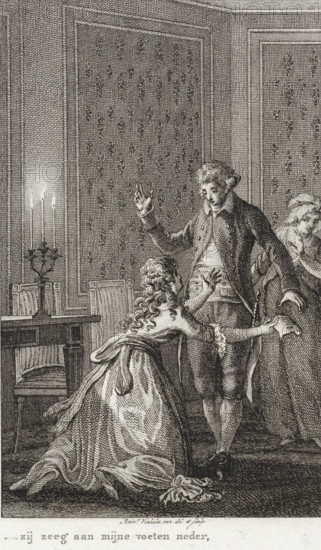 Woman with a letter kneels before a man, print, printmaker: Reinier Vinkeles (I), Amsterdam, 1802,