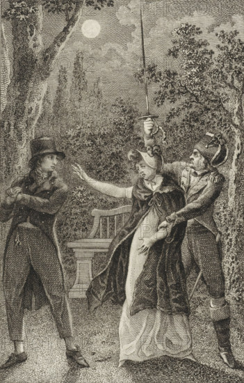 Woman being taken away from a man by a soldier, at night, print, printmaker: Reinier Vinkeles (I),