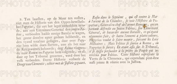 Explanatory text accompanying the print after Lairesse's painting Lucius Papirius vergeef Fabius