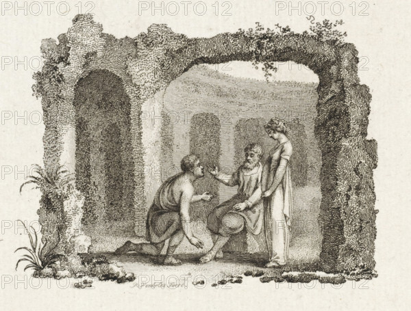 Three figures under the arch of a ruin, print, printmaker: Reinier Vinkeles (I), Amsterdam, 1751 -