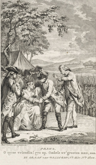 Crying woman in an army camp, print, inscription: 'Prins.', printmaker: Reinier Vinkeles (I),