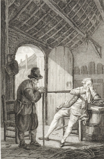Old man in conversation with a gentleman in a farmhouse, print, printmaker: Reinier Vinkeles (I),