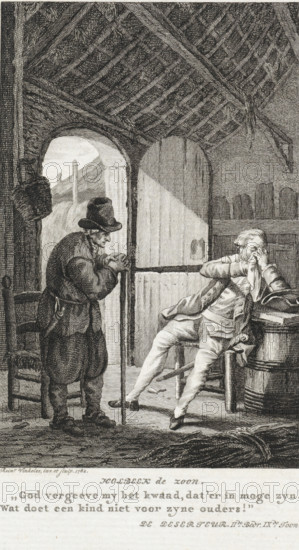 Old man in conversation with a gentleman in a farmhouse, print, inscription: 'Holbeen de zoon.',
