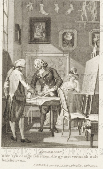 Man showing sketches to another man, print, In his studio, an artist shows sketches to an