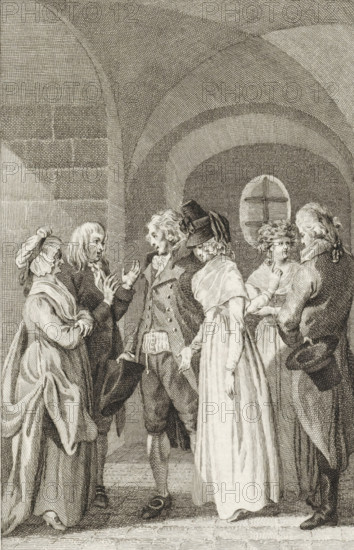 Two men and two women in conversation, print, printmaker: Reinier Vinkeles (I), Amsterdam, 1793,
