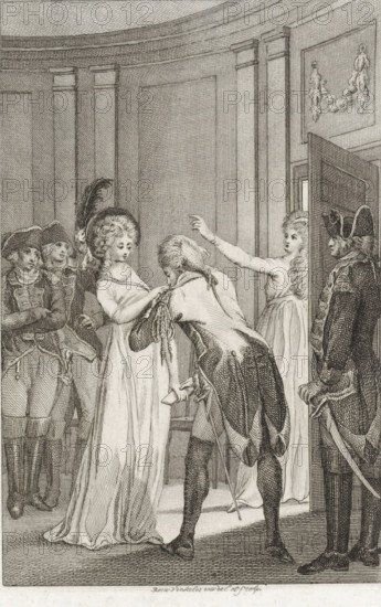 Man kisses a woman on her hand while she gives him a letter, print, printmaker: Reinier Vinkeles