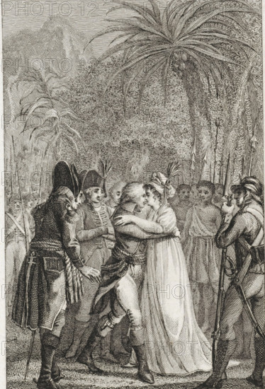 Surrounded by soldiers and Africans, a man and woman embrace each other, print, printmaker: Reinier
