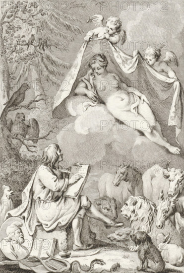 Allegory with the writer Jean de La Fontaine and his muse, print, In a forest, a writer, possibly