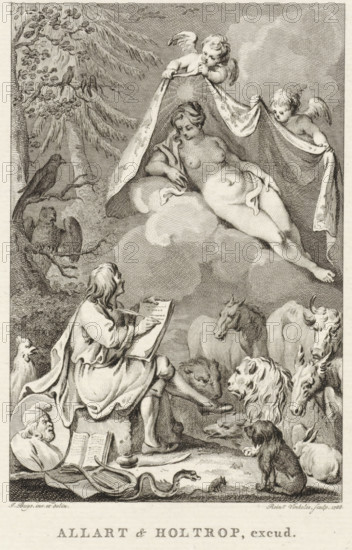 Allegory with the writer Jean de La Fontaine and his muse, print, In a forest, a writer, possibly