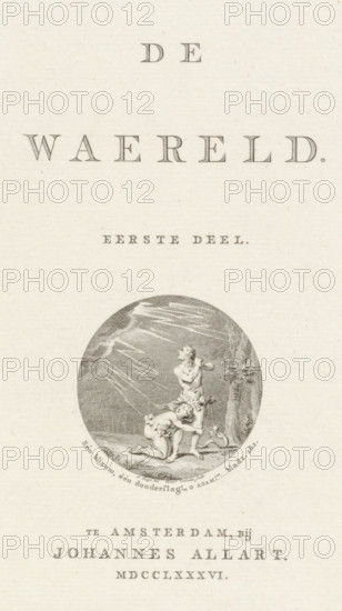 Title page for: 'De Waereld', 1786, print, title page, Title page with Adam and Eve being expelled