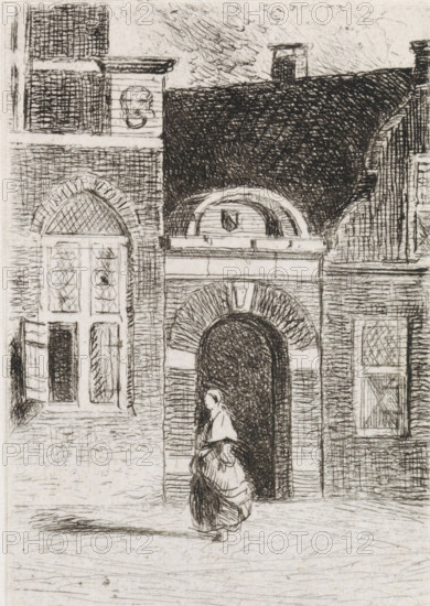 Brick gate in a street, print, View of a brick gate between houses. A folded figure is walking in